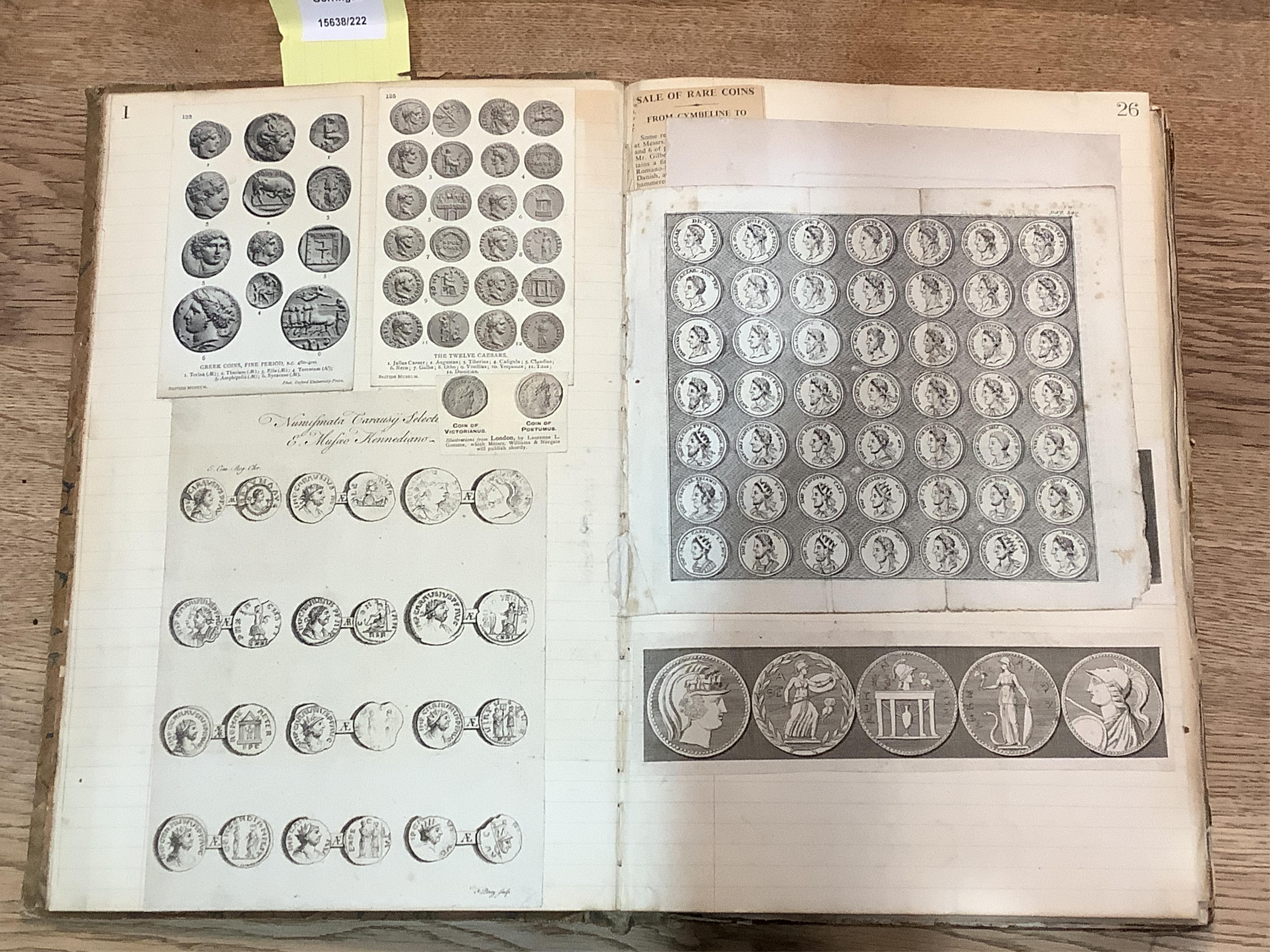 Scrap Book. (Coins and Medals). A large volume of 'Fine and rare engravings of English coins and medals', circa 1840's-1940's. 'An interesting item which may well reward further research'. Retailed by Spink in 1991 for £